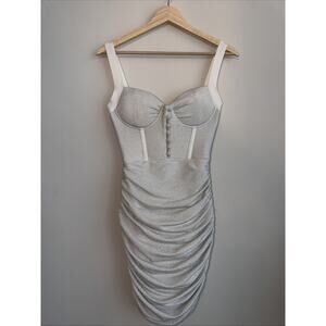 BELLA BARNETT Midi Bandage Dress Corset Bustier Ruched Stretch Bodycon Silver S